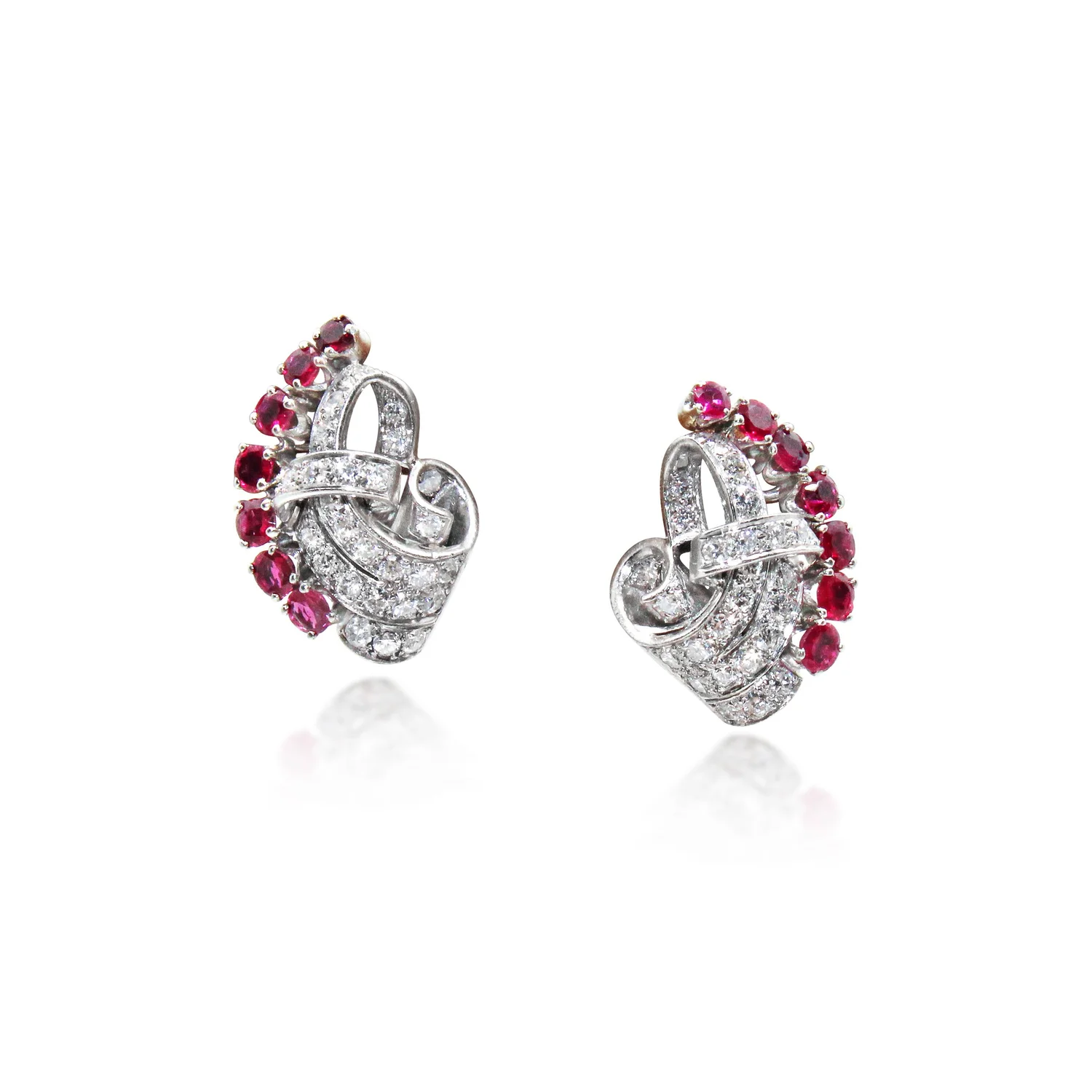Pair of Art Deco Ruby and Diamond Scroll Earclips — Humphrey Butler