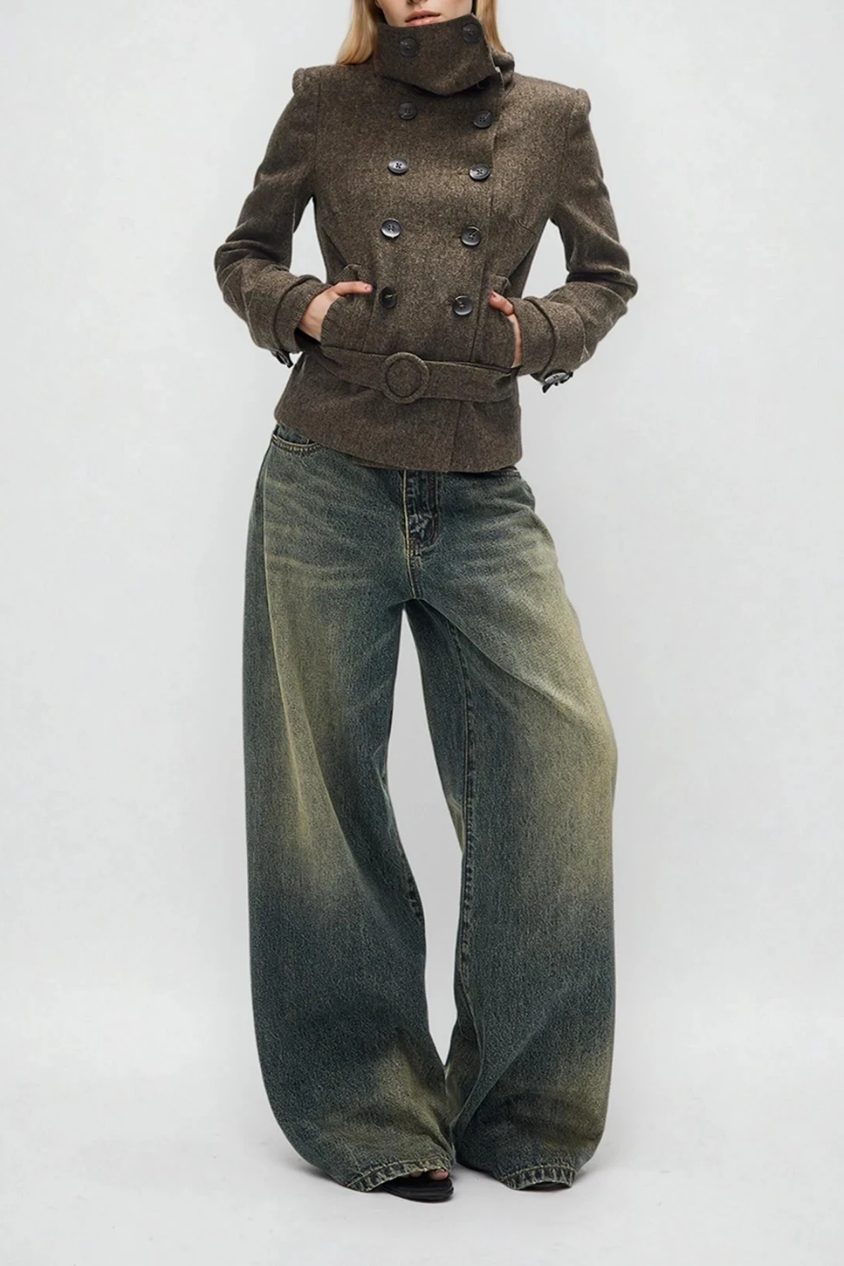 Djuradja Funnel Neck Belt Jacket In Brown from innovaredenim.com
