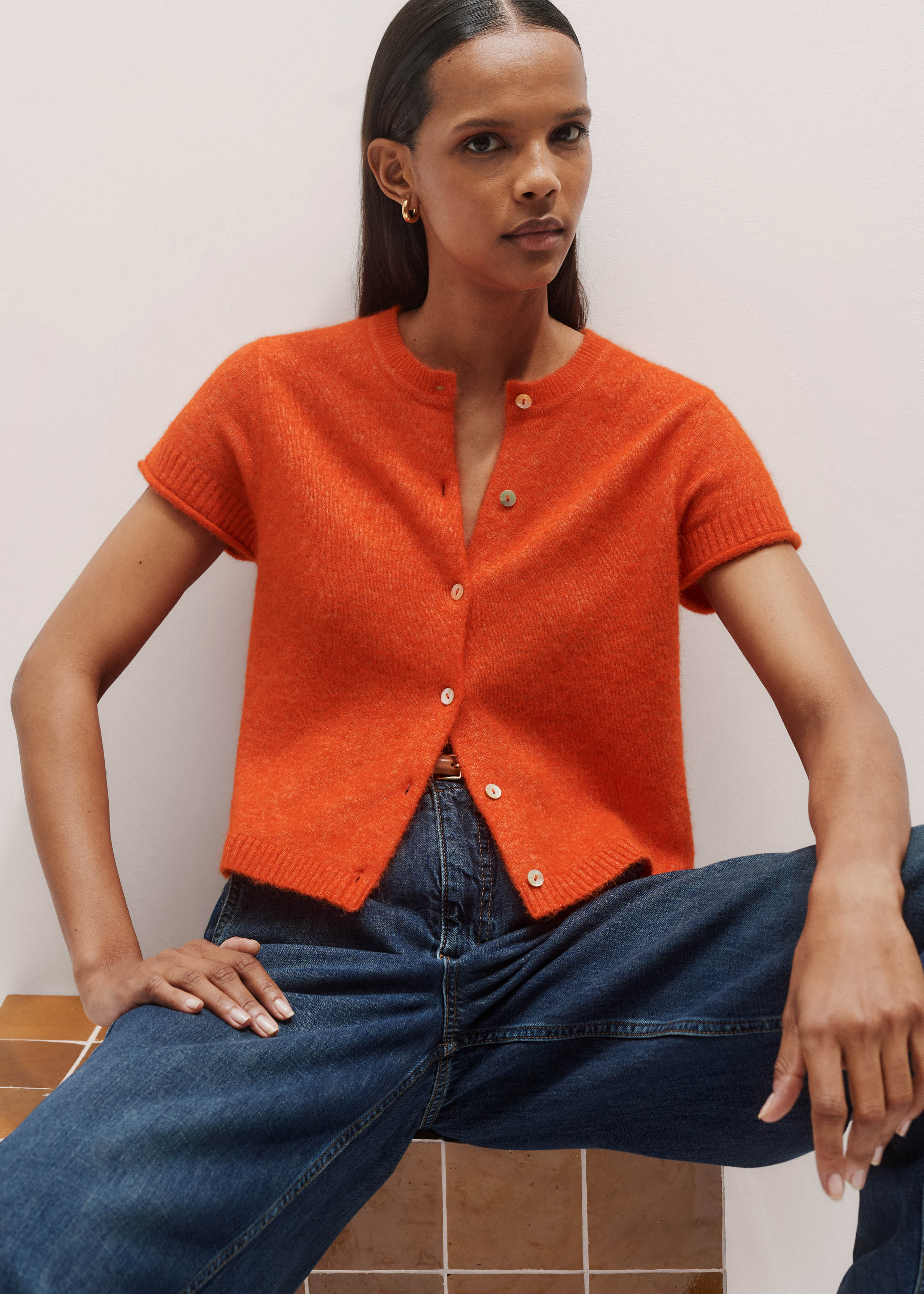 Women's Orange Button-Through Knit Baby Tee | ME+EM