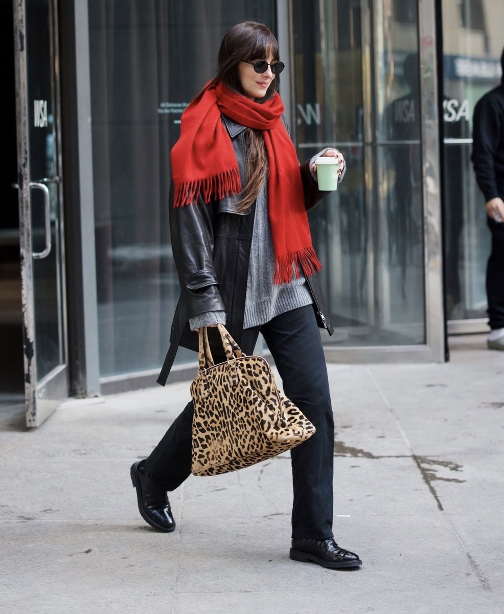 Black Leather Coat with Red Scarf and Leopard Print Bag